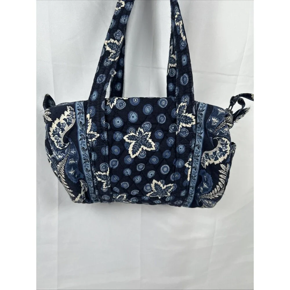 Vtg Vera Bradley Small Blue Duffel Bag Quilted Made in USA Leaf Paisley White